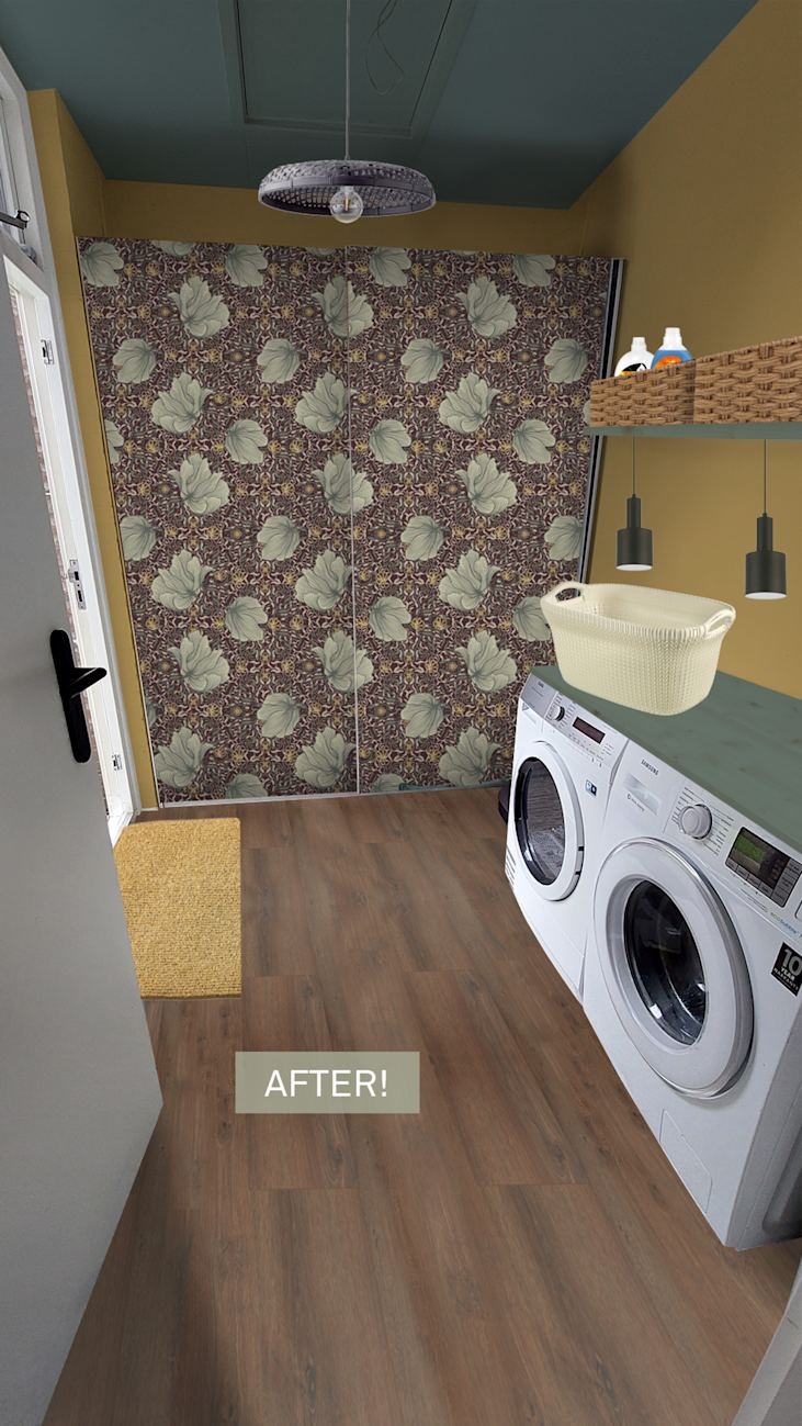 Opgeknapt washok met kleur en open opbergrekken
